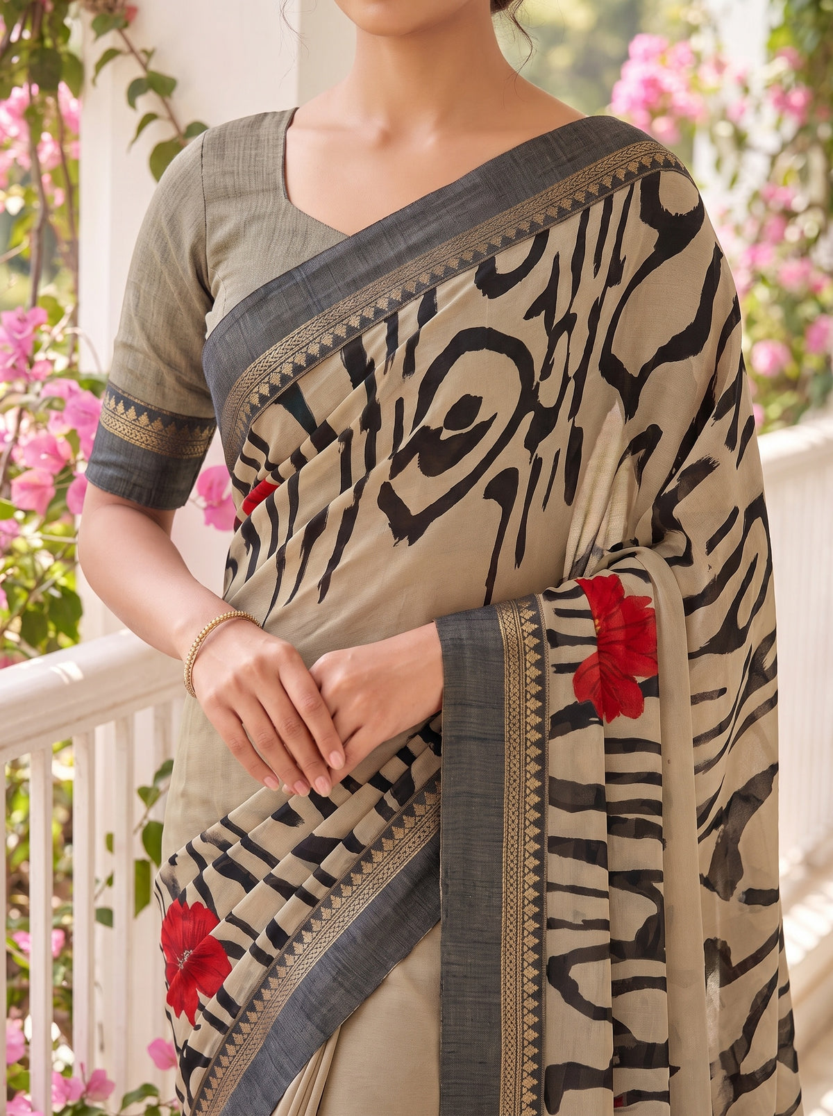 Black Tusser Cotton Floral Printed Saree - Detail