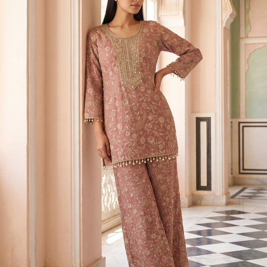 Rose Heritage Gajari Georgette Readymade Embroidered Suit And Palazzo With Georgette Dupatta - mood