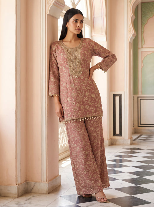 Rose Heritage Gajari Georgette Readymade Embroidered Suit And Palazzo With Georgette Dupatta - mood