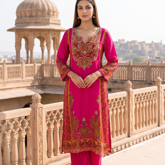 Rani Darbar Crepe Readymade Suit And Pant With Printed Dupatta - mood