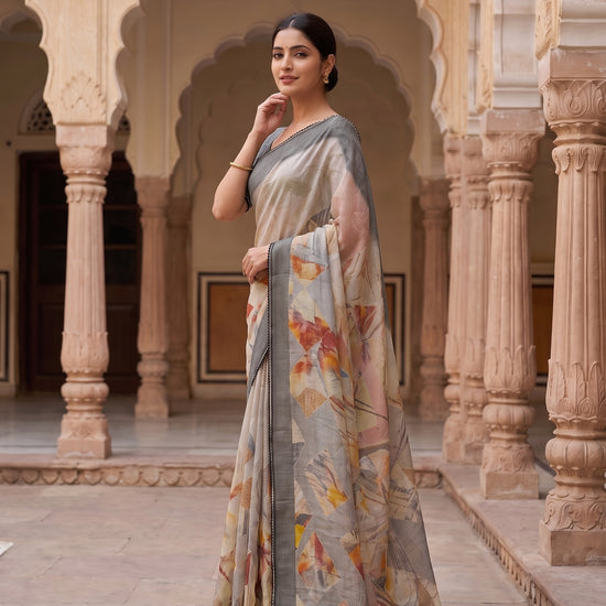 Peach Grey Cotton Printed Saree - Side