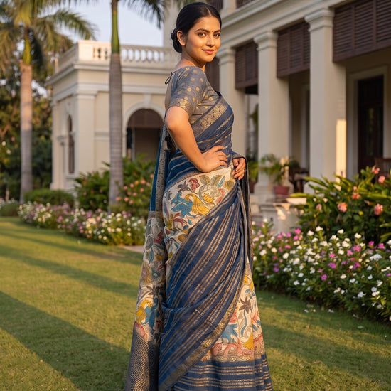 Tusser Navy Muslin Printed Saree - Side