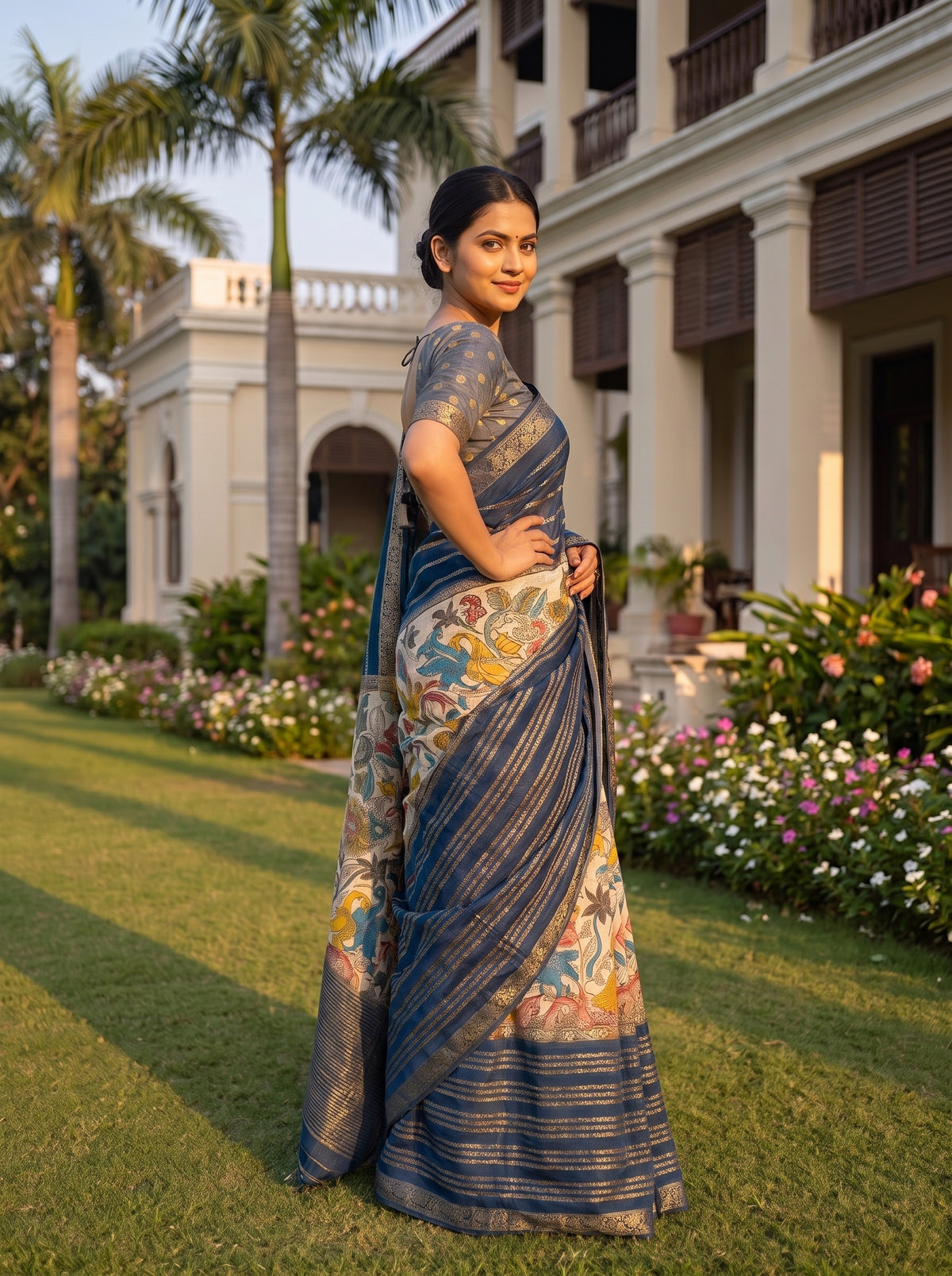 Tusser Navy Muslin Printed Saree - Side