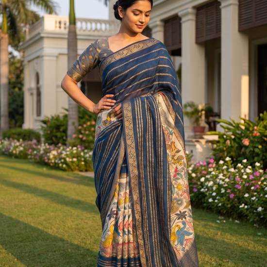 Tusser Navy Muslin Printed Saree - Hero