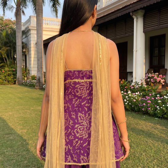 Royal Orchid Purple Georgette Readymade Strappy Suit And Palazzo With Net Dupatta - back