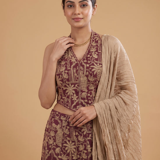 Velvet Dusk Garnet Georgette Readymade Halter Top And Palazzo Set With Crush Tissue Dupatta - closeup