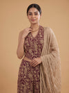 Velvet Dusk Garnet Georgette Readymade Halter Top And Palazzo Set With Crush Tissue Dupatta - closeup