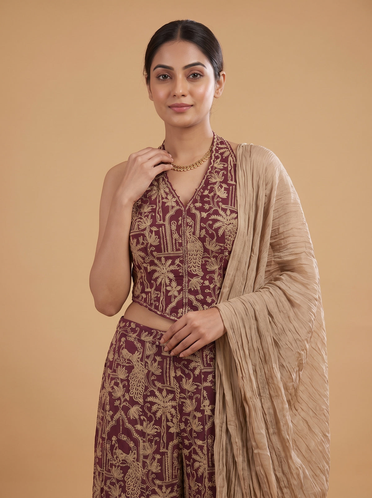 Velvet Dusk Garnet Georgette Readymade Halter Top And Palazzo Set With Crush Tissue Dupatta - closeup