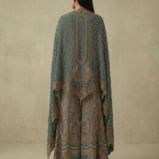 Mint Mehfil Green Crepe Readymade Halter Top And Sharara Set With Cape Dupatta - hero back