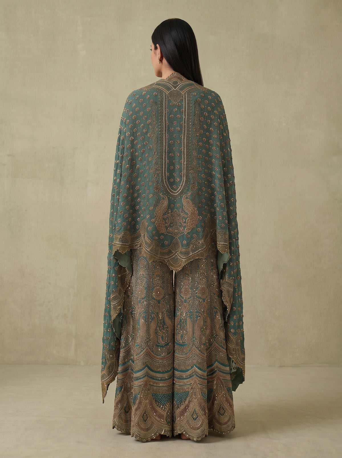 Mint Mehfil Green Crepe Readymade Halter Top And Sharara Set With Cape Dupatta - hero back