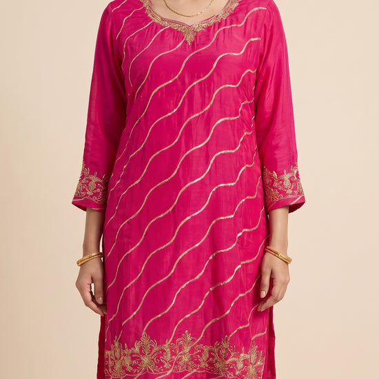 Rani Rangoli Pink Crepe Readymade Suit And Pant With Leheriya Dupatta - closeup