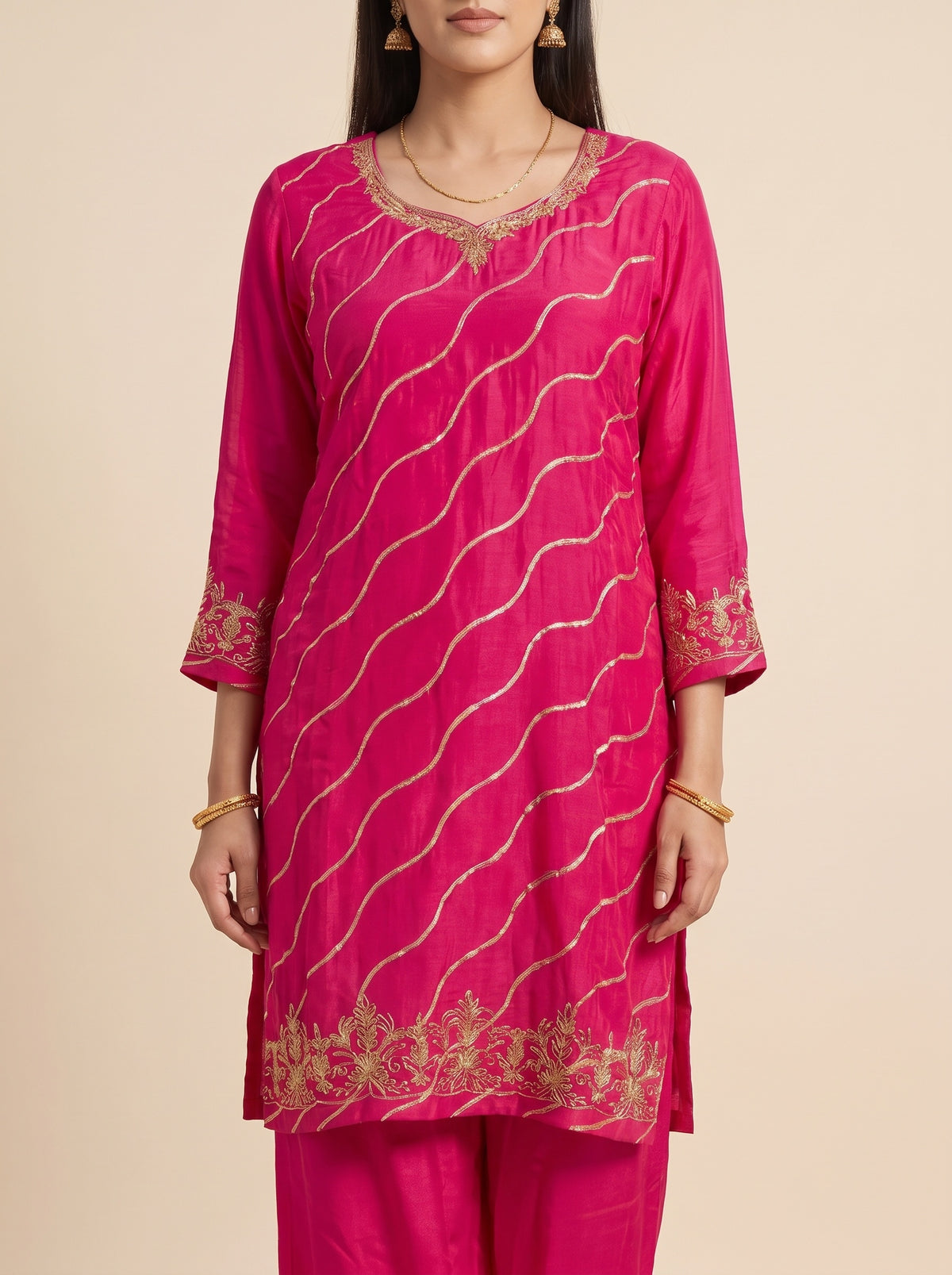 Rani Rangoli Pink Crepe Readymade Suit And Pant With Leheriya Dupatta - closeup