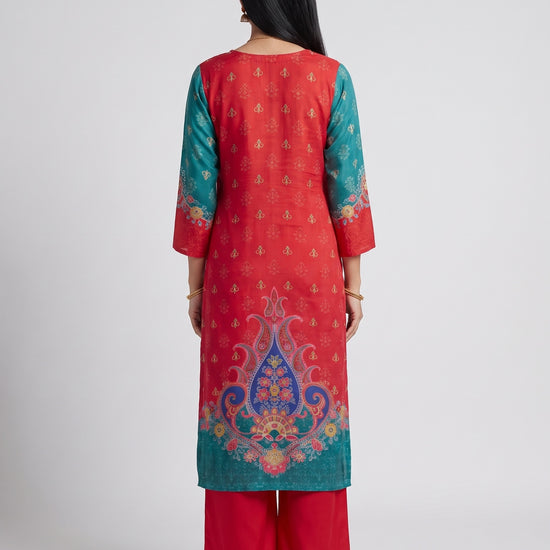 Peacock Paisley Rama Crepe Readymade Suit And Salwar With Red Dupatta - back