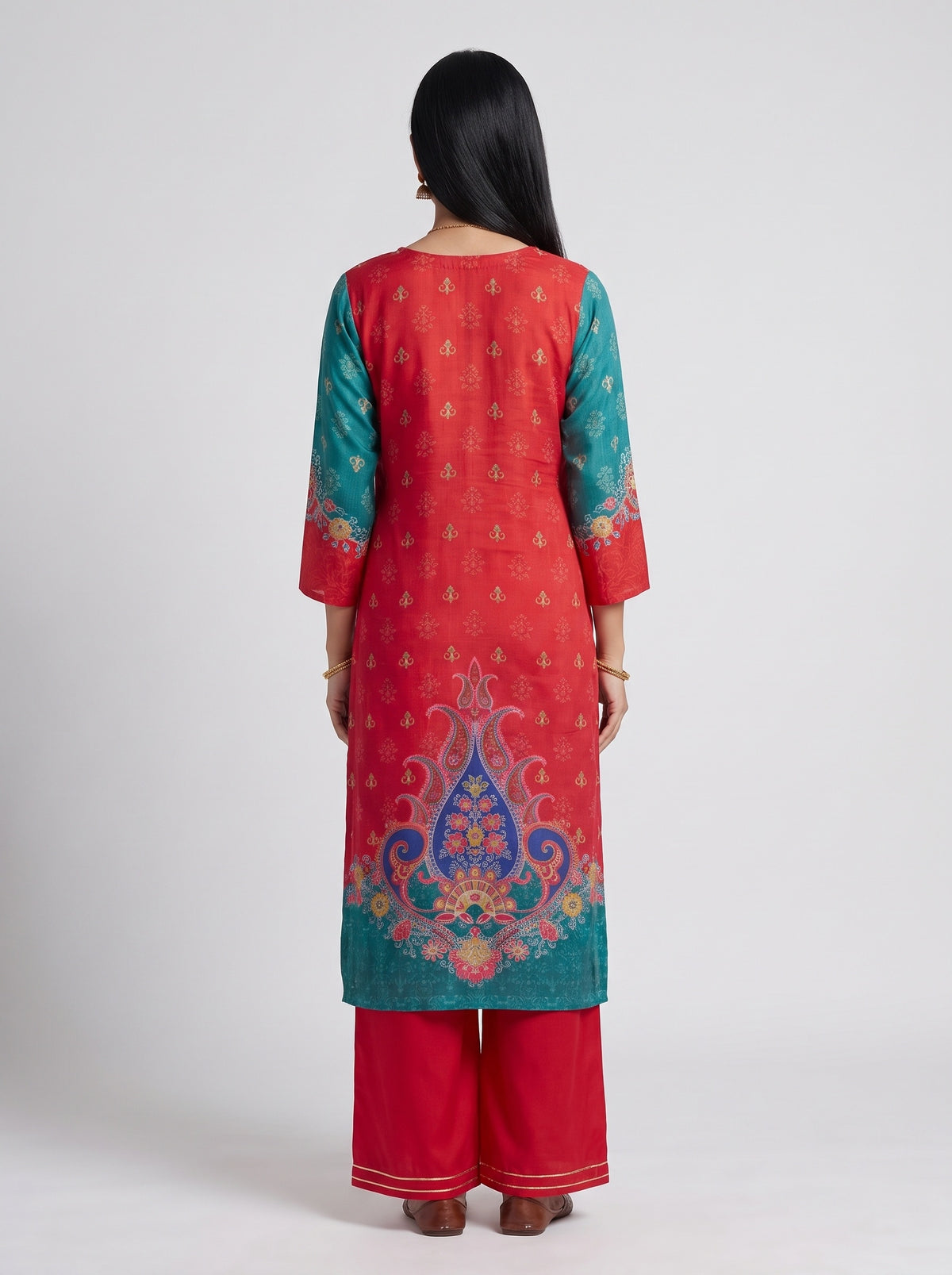 Peacock Paisley Rama Crepe Readymade Suit And Salwar With Red Dupatta - back