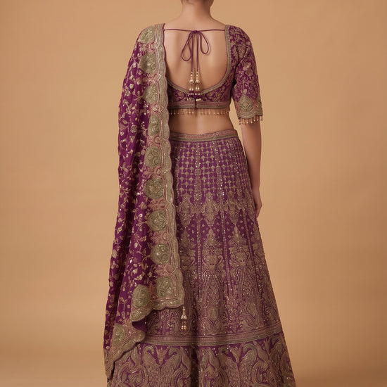 Magenta Mirage Crepe Readymade Crop Top And Sharara Set With Dupatta - back