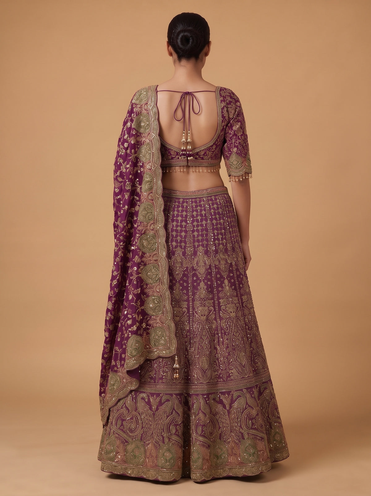 Magenta Mirage Crepe Readymade Crop Top And Sharara Set With Dupatta - back