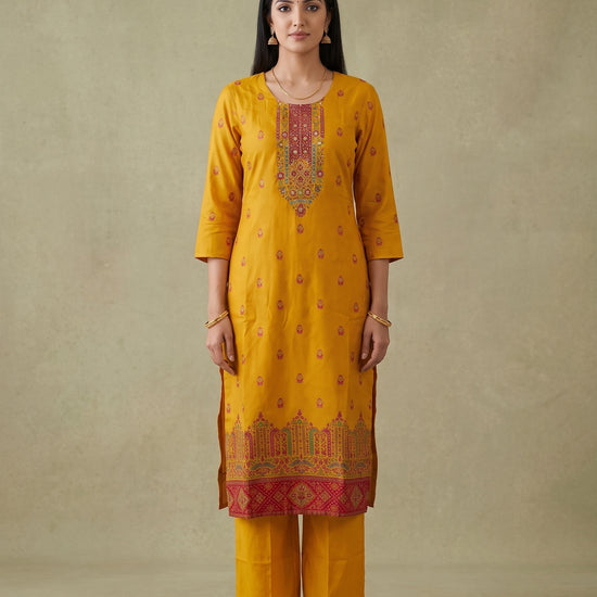 Saffron Bloom Mustard Crepe Readymade Suit And Pant With Crepe Dupatta - mood