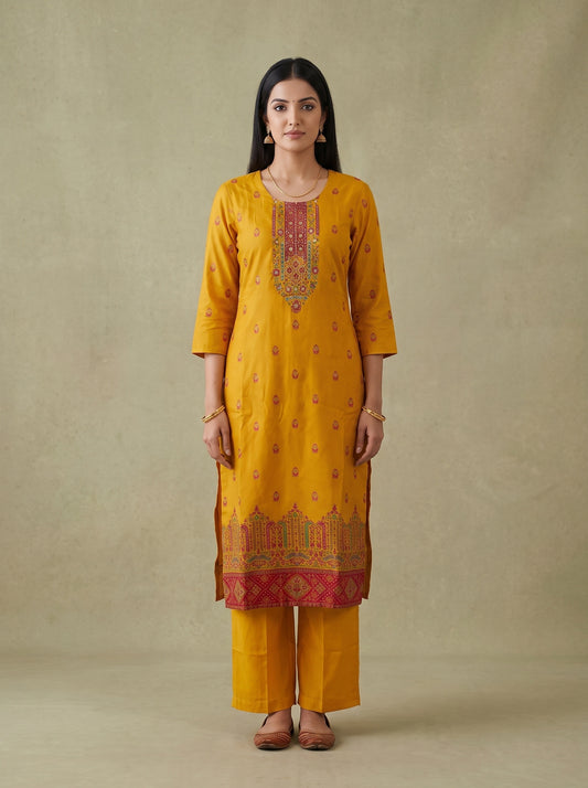 Saffron Bloom Mustard Crepe Readymade Suit And Pant With Crepe Dupatta - mood
