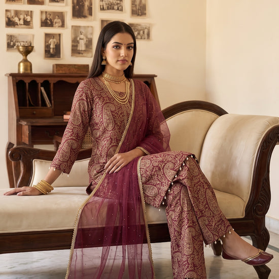 Spiced Paisley Dark Gajari Georgette Readymade Suit - mood