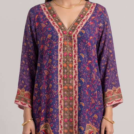 Royal Paisley Navy Crepe Readymade Suit And Pant With Printed Dupatta - closeup