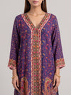 Royal Paisley Navy Crepe Readymade Suit And Pant With Printed Dupatta - closeup