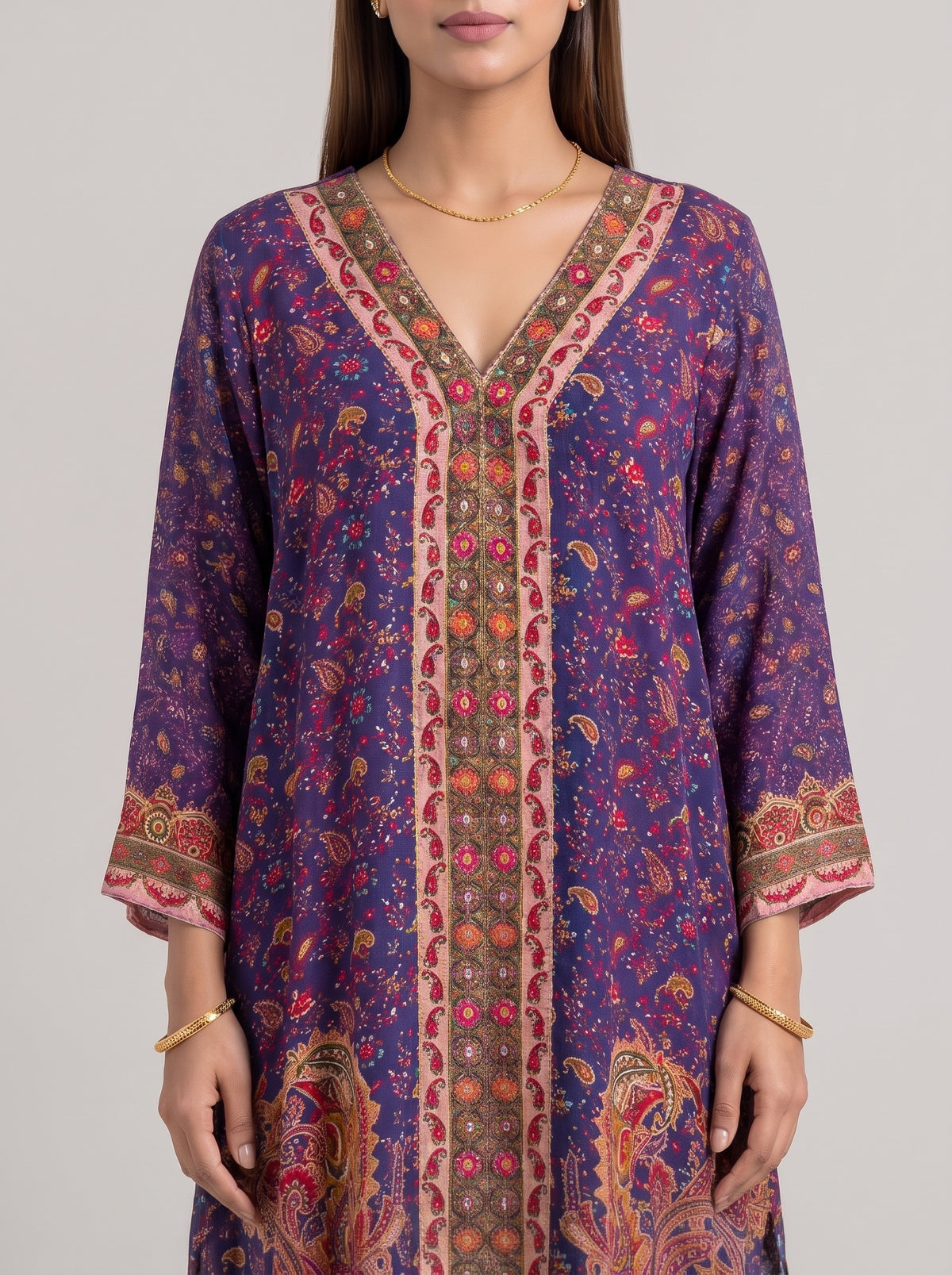 Royal Paisley Navy Crepe Readymade Suit And Pant With Printed Dupatta - closeup