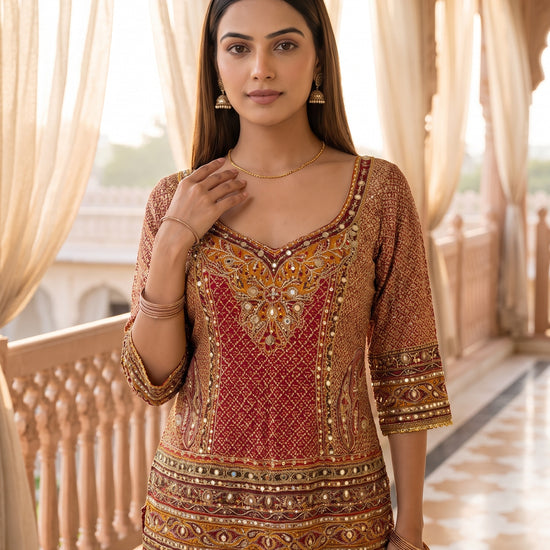 Rosewood Regal Maroon Crepe Readymade Embroidered Sharara Set With Red Dupatta - closeup