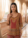 Rosewood Regal Maroon Crepe Readymade Embroidered Sharara Set With Red Dupatta - closeup