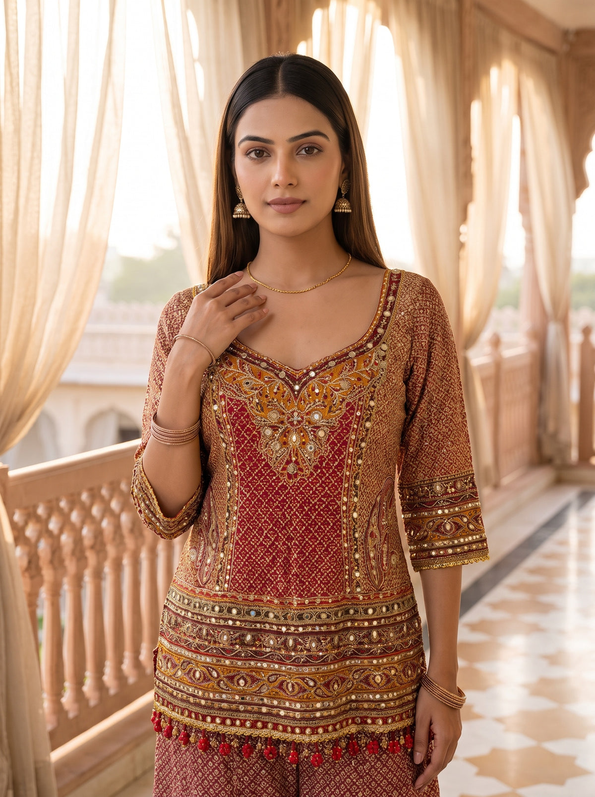 Rosewood Regal Maroon Crepe Readymade Embroidered Sharara Set With Red Dupatta - closeup