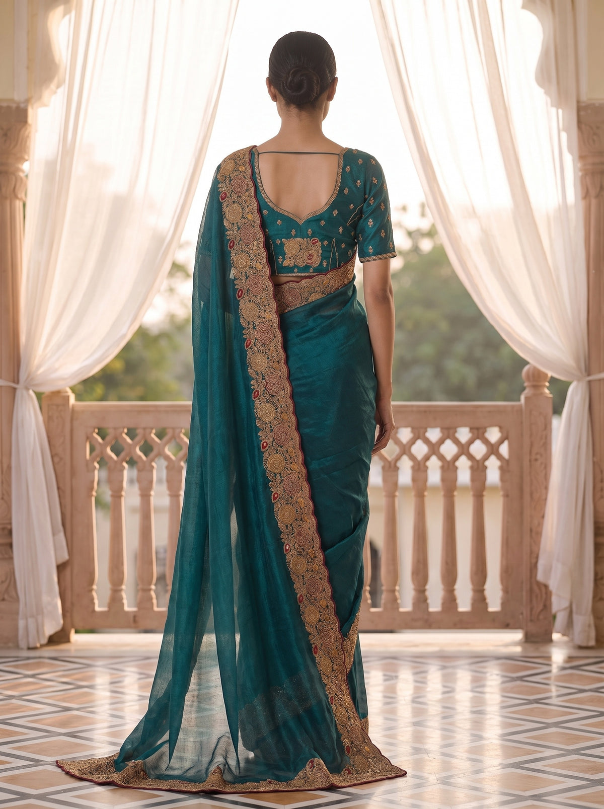 Peacock Organza Saree - Back