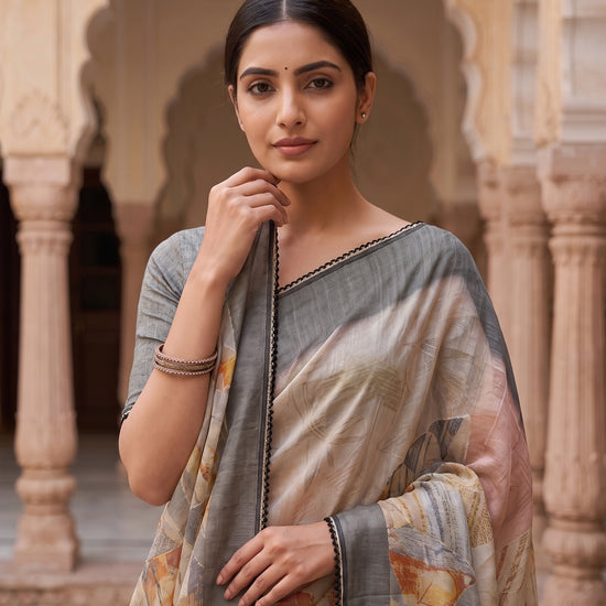 Peach Grey Cotton Printed Saree - Close Up