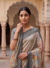 Peach Grey Cotton Printed Saree - Close Up
