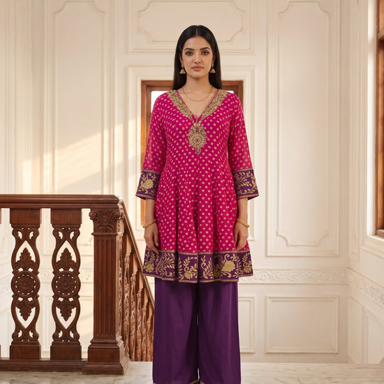 Magenta Mela Rani Chinon Readymade Peplum Suit And Palazzo With Net Dupatta - mood
