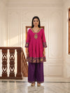 Magenta Mela Rani Chinon Readymade Peplum Suit And Palazzo With Net Dupatta - mood