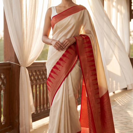 Off White Maroon Loom Saree - Hero