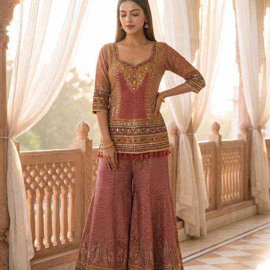 Rosewood Regal Maroon Crepe Readymade Embroidered Sharara Set With Red Dupatta - mood