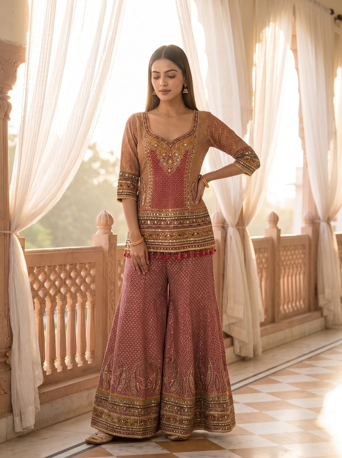 Rosewood Regal Maroon Crepe Readymade Embroidered Sharara Set With Red Dupatta - mood