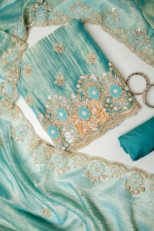 Royal Heritage Tea Green Tissue Unstitched Salwar Suit With Tissue Dupatta