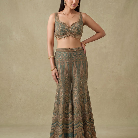 Mint Mehfil Green Crepe Readymade Halter Top And Sharara Set With Cape Dupatta - mood