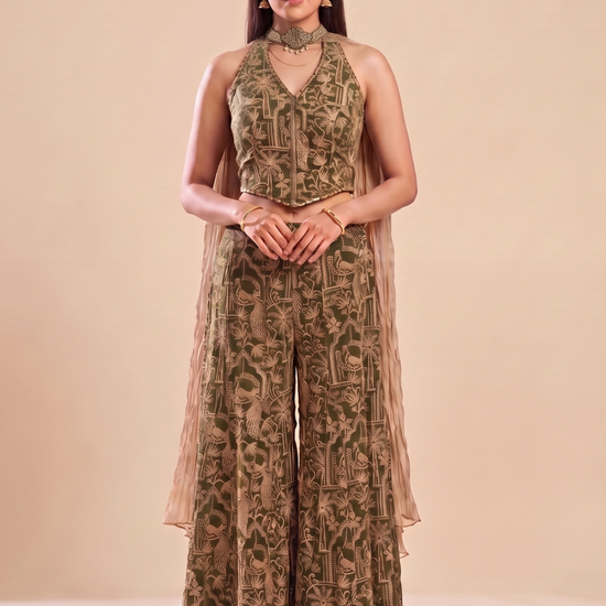 Henna Glow Mehndi Georgette Readymade Halter Top And Palazzo Set With Crush Tissue Dupatta - hero