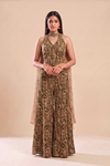 Henna Glow Mehndi Georgette Readymade Halter Top And Palazzo Set With Crush Tissue Dupatta - hero