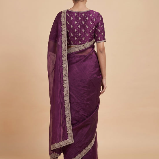 Wine Organza Saree - Back