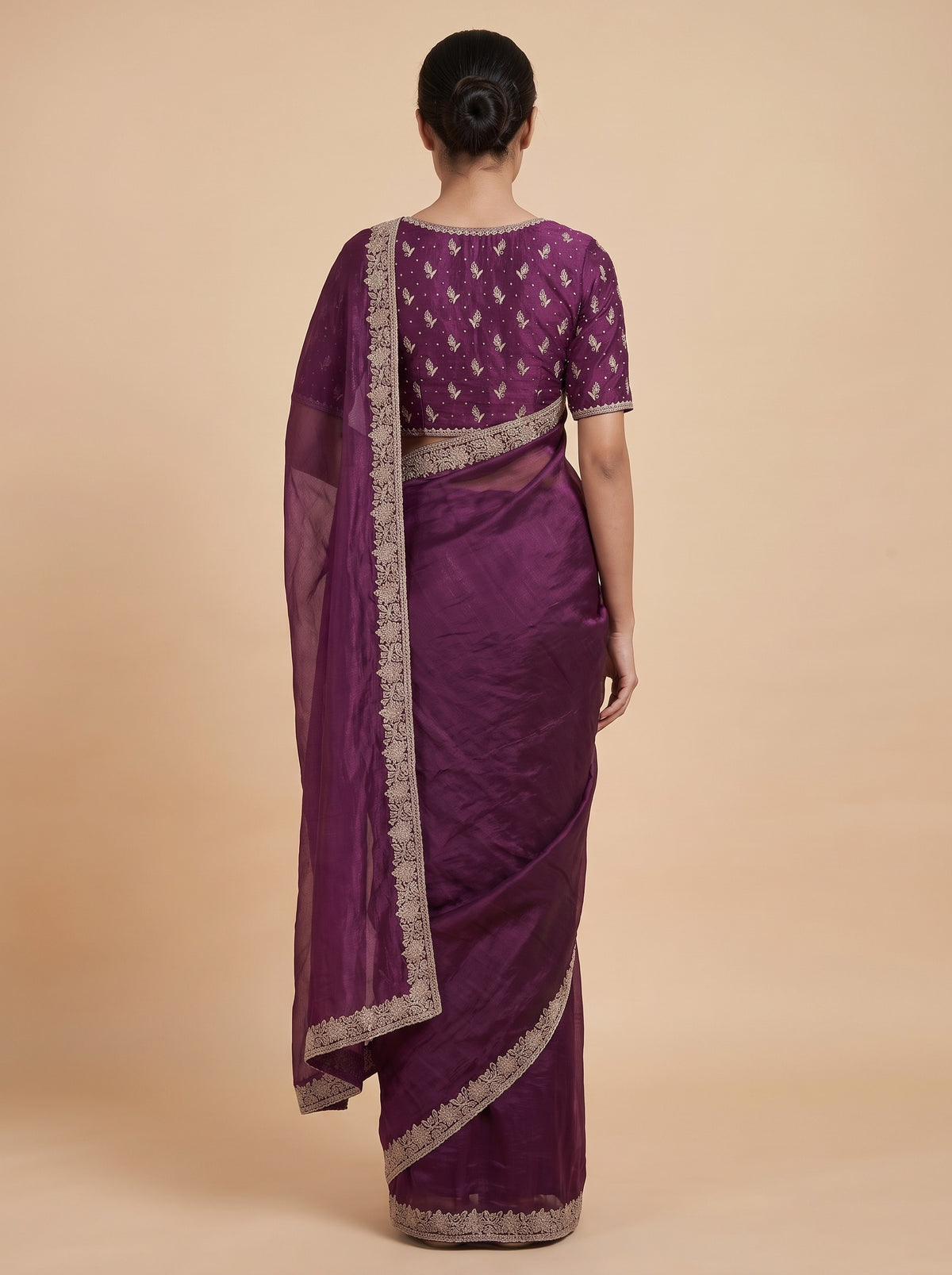 Wine Organza Saree - Back