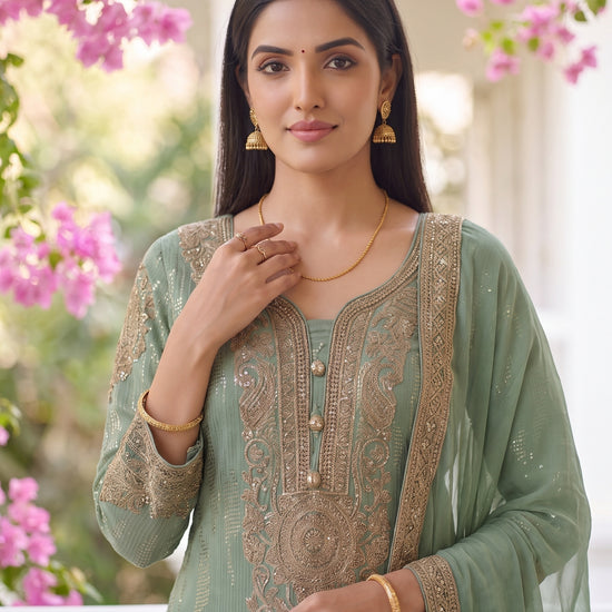 Seafoam Grace Sea Green Georgette Readymade Suit - closeup