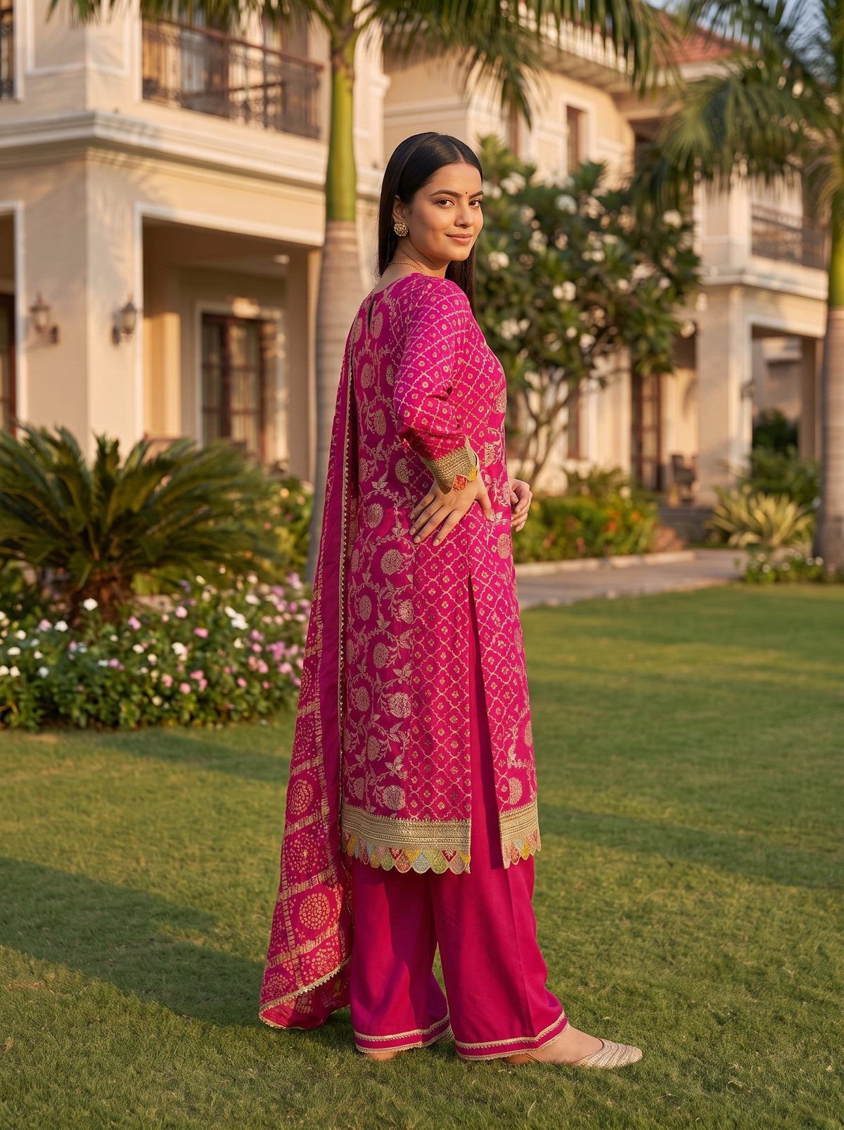Rani Utsav Pink Loom Readymade Suit And Pant With Matching Dupatta - back