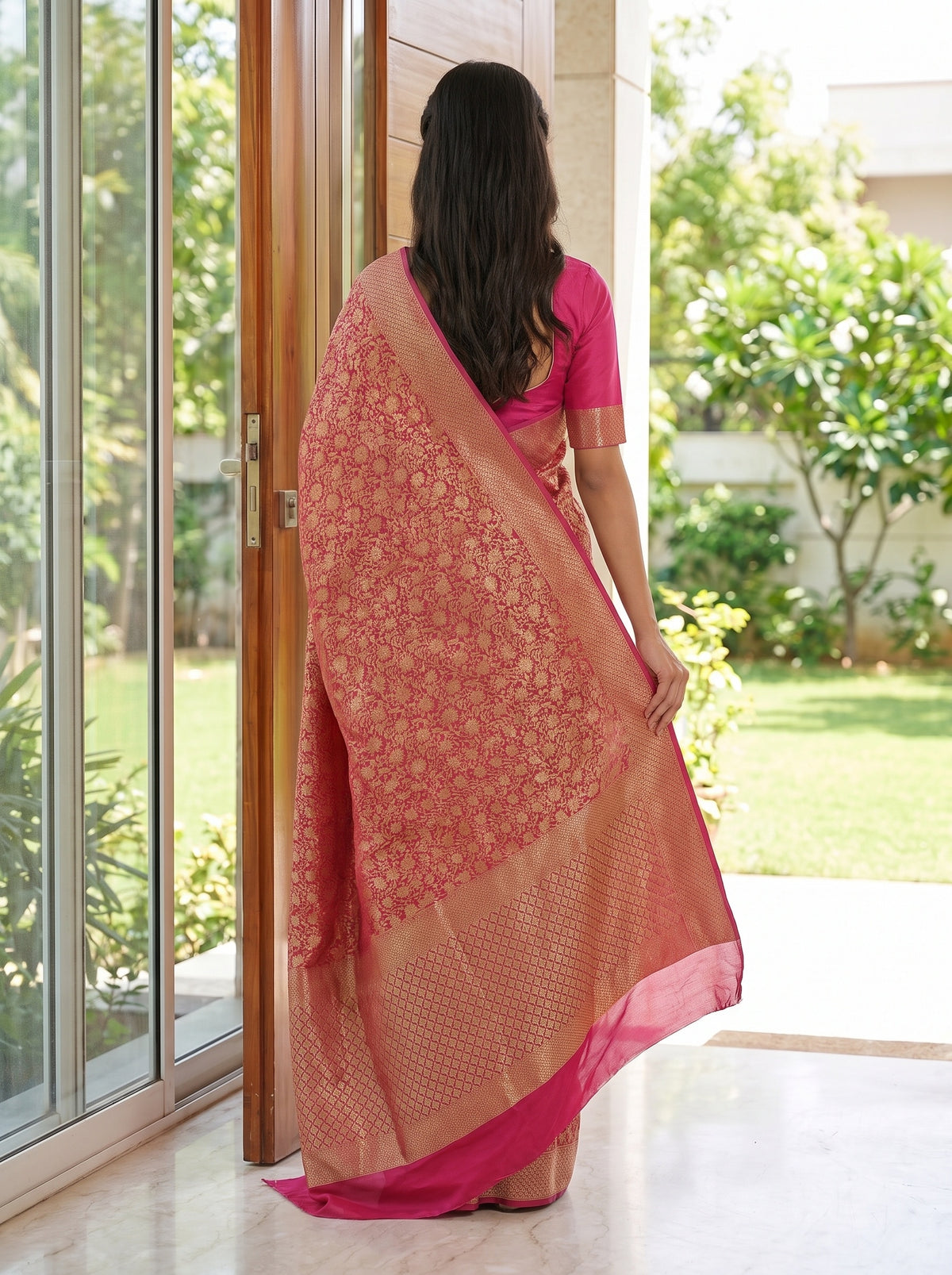 Dark Gajari Georgette Saree - Back