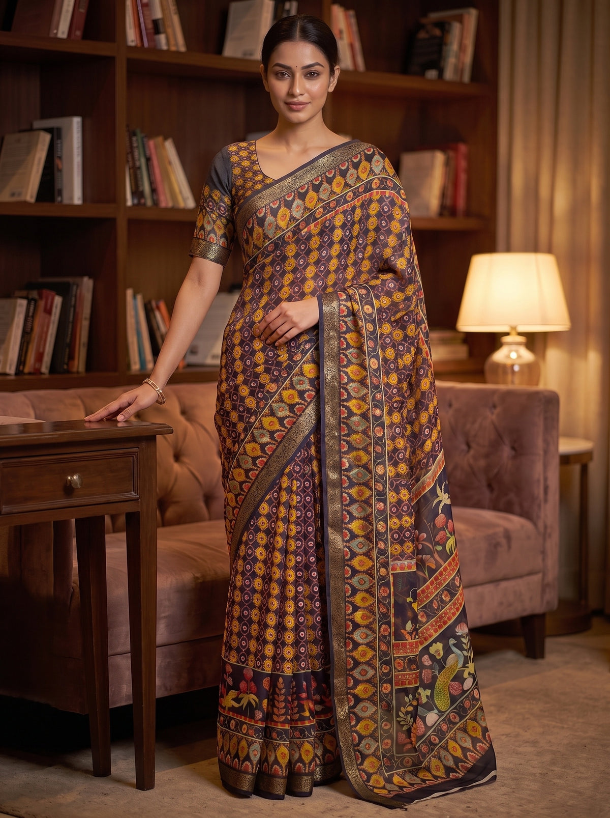 Navy Blue Georgette Printed Saree - Mood