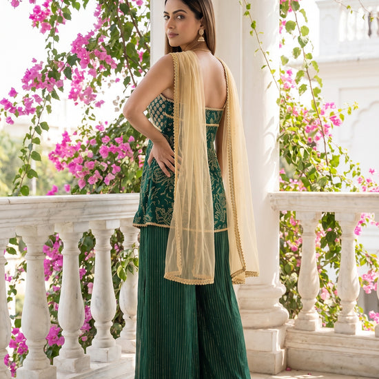 Emerald Muse Bottle Green Georgette Readymade Strappy Suit And Palazzo With Tissue Dupatta - back