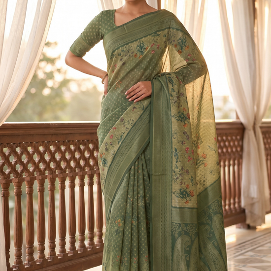 Pista Muslin Floral Printed Saree - Hero