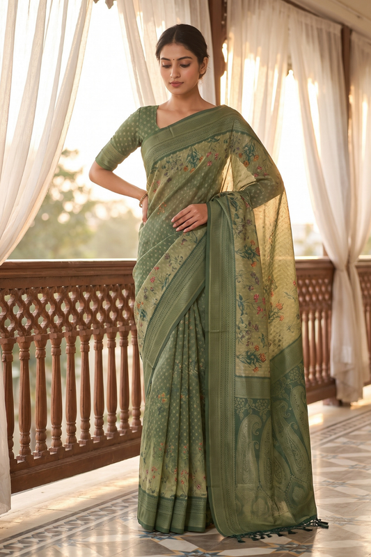 Pista Muslin Floral Printed Saree - Hero